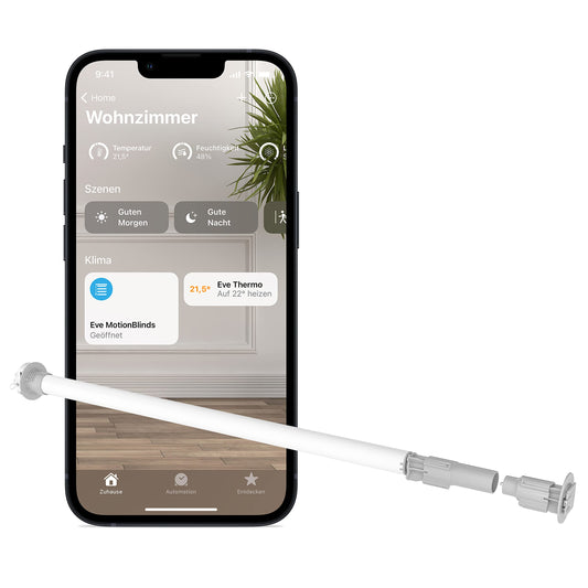 Eve MotionBlinds Motor Upgrade Kit: Weißer zylindrischer Motor zum Automatisieren von Rollos mit Apple HomeKit.