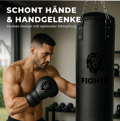 FIGHTR Boxsack ungefüllt mit 4-Punkt-Stahlkette, Schwarz/Weiss