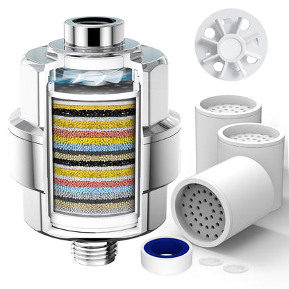 SR SUN RISE Duschfilter 20-Stufen mit 3 Filterpatronen, Chrom – verchromtes Gehäuse für Duschkopf und Handbrause