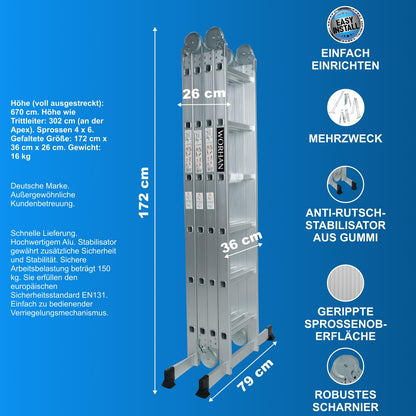 WORHAN Mehrzweckleiter KS6.7 - Anlege Stehleiter 6.7m