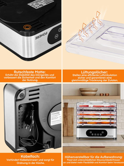 FOHERE Dörrautomat Edelstahl – 5 höhenverstellbare Tabletts