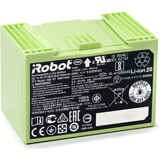 iRobot Akku - Roomba j/i/e Serie - Lithium-Ionen (1800 mAh). Schwarzer, rechteckiger Lithium-Ionen Akku. Dient als Energiequelle für iRobot Roomba Saugroboter der j/i/e Serie.
