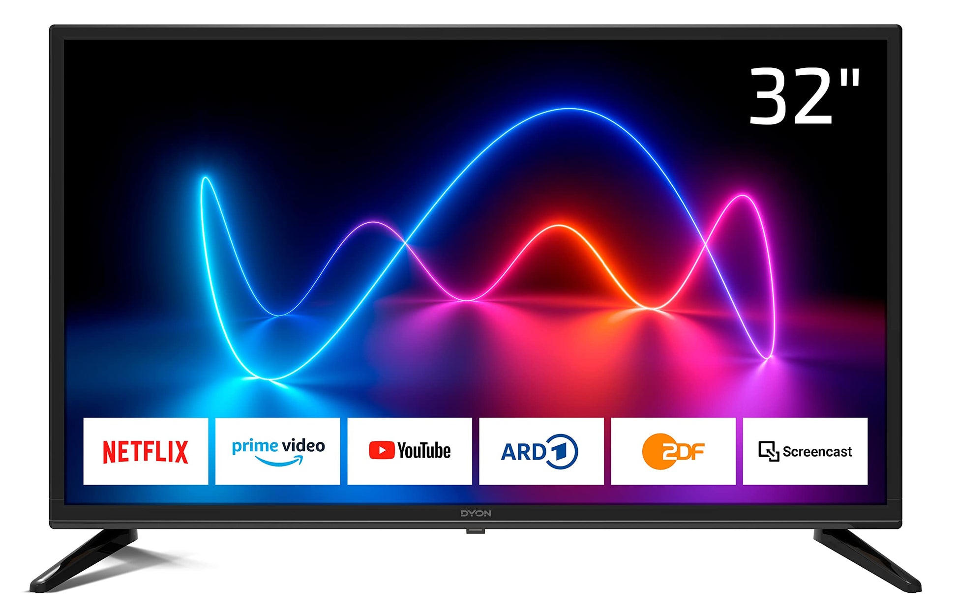 DYON Movie Smart 32 XT Fernseher - 32 Zoll HD Smart TV. Schwarzer, rechteckiger Bildschirm mit schmalem Rahmen zum Streamen und TV-Empfang.