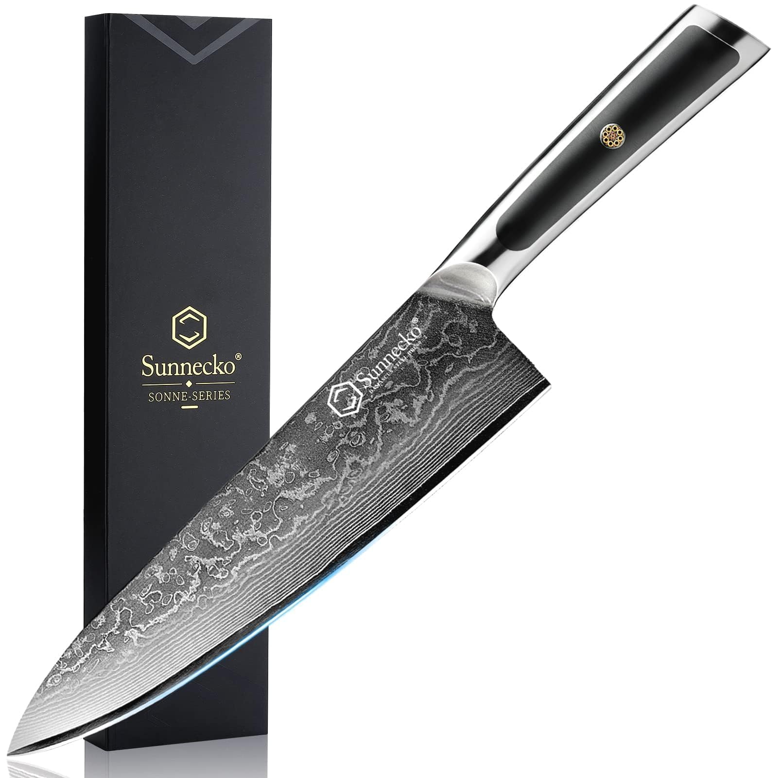 Sunnecko Damastmesser 20 cm – Kochmesser aus 67-lagigem Damaststahl mit Wellenmuster und ergonomischem Griff