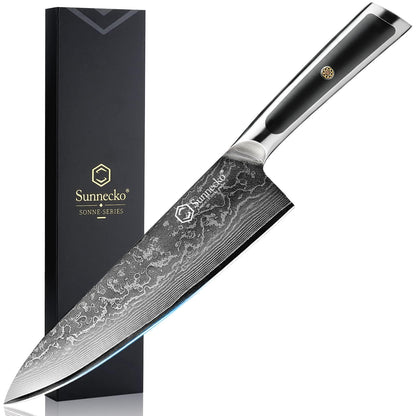 Sunnecko Damastmesser 20 cm – Kochmesser aus 67-lagigem Damaststahl mit Wellenmuster und ergonomischem Griff