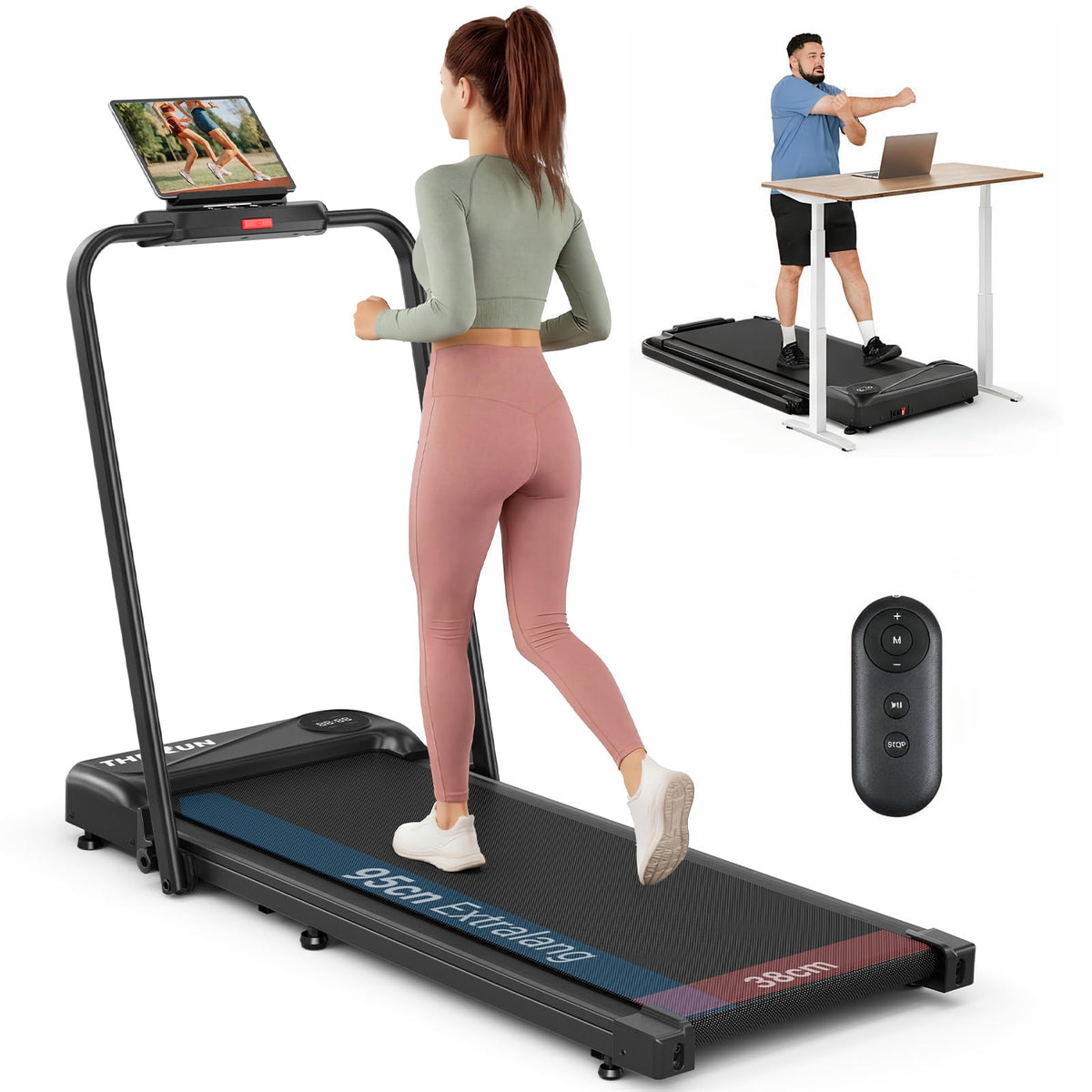 THERUN Laufband klappbar, Walking Pad mit Handlauf, bis 10 km/h, LED-Anzeige und Transportrollen