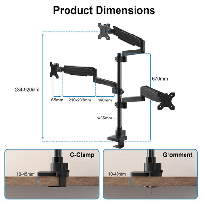 PUTORSEN Monitorhalterung 3 Monitore - 17-32 Zoll höhenverstellbar