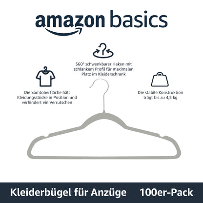 Amazon Basics Kleiderbügel mit Samtbezug, 100er-Pack, Grau