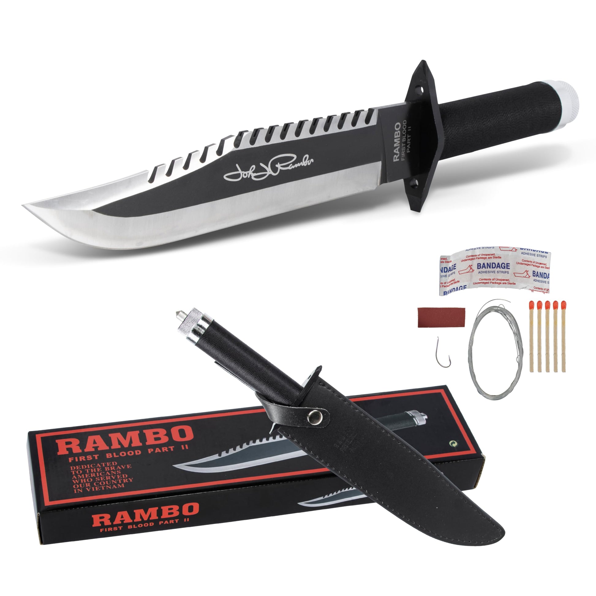 VIKING GEAR Rambo Messer First Blood Part II Signature Edition mit schwarz-silberner Klinge und Sägerücken