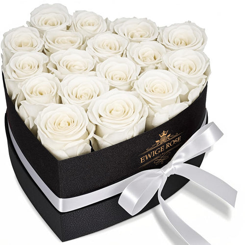 QHHENTOO Ewige Rosen in Herzbox, 17 konservierte echte Rosen, Weiss – weisse Blüten in herzförmiger schwarzer Geschenkbox