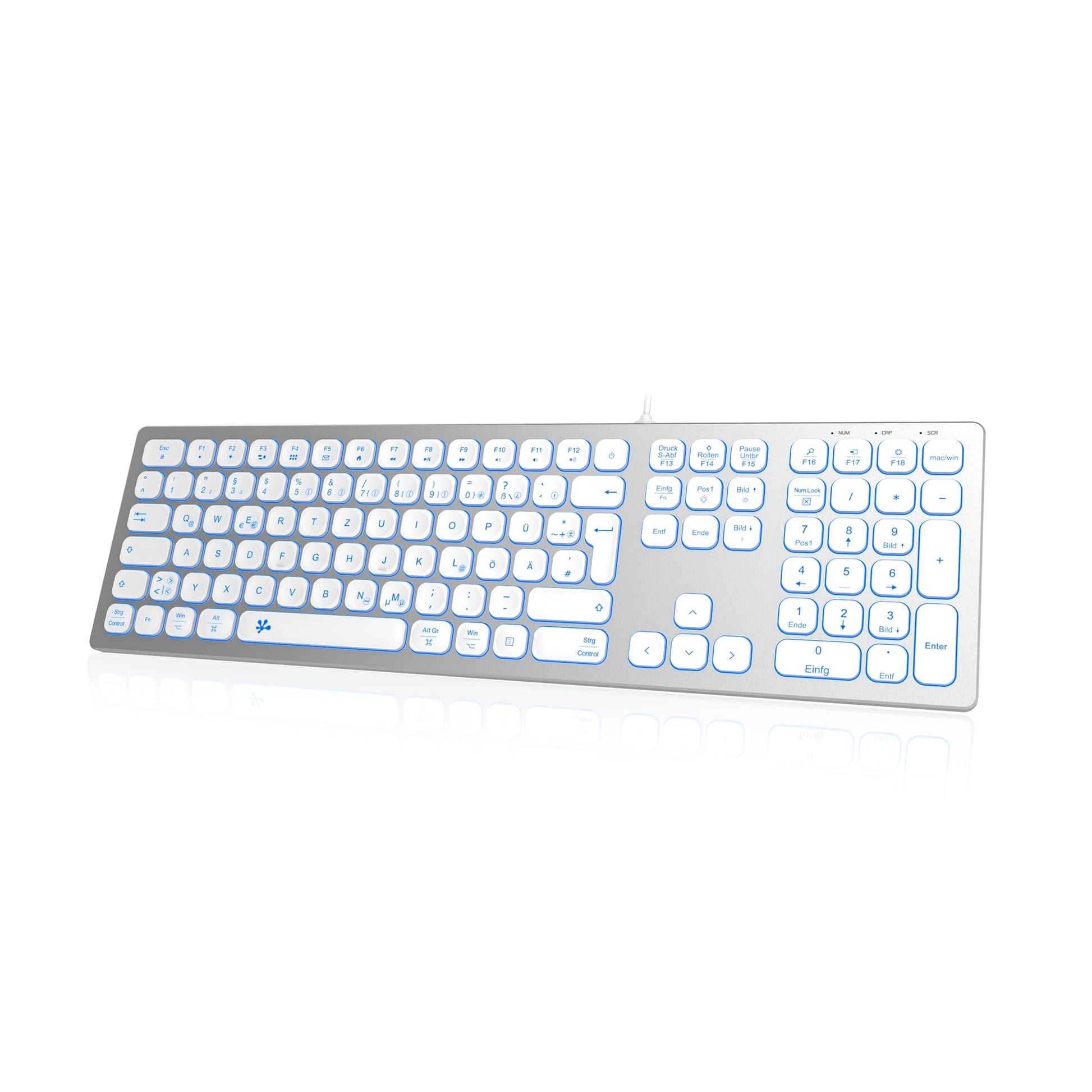 TechKey Slim Alu RGB USB Tastatur Numerisch Mac/PC - Silver White. Silber-weiße Tastatur mit Ziffernblock für Dateneingabe.