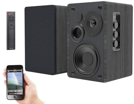auvisio Aktive Stereo Regallautsprecher – Holz-Gehäuse: Rechteckige Lautsprecher mit braunem Holz-Gehäuse zur Stereowiedergabe von Audio.