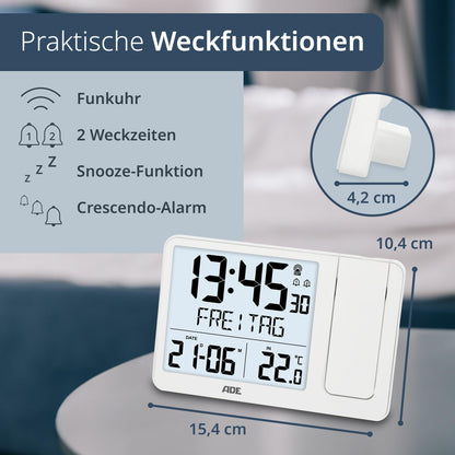 ADE Projektionswecker CK2406-2 Funkwecker mit Aussensensor, weiss