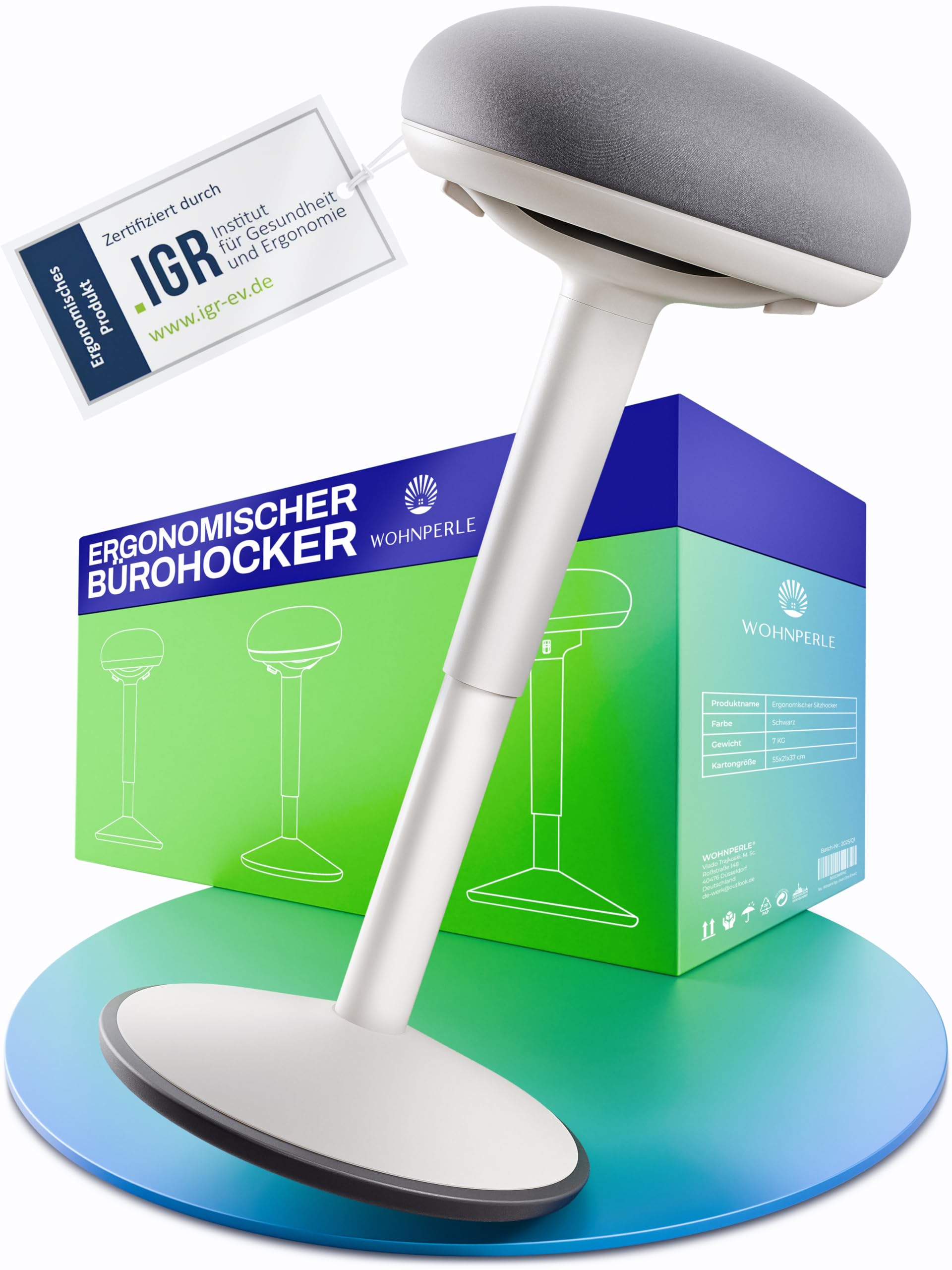 Wohnperle ergonomischer 2in1 Bürohocker höhenverstellbar – Weiss. Weisser Hocker, höhenverstellbar, für dynamisches Sitzen im Büro.