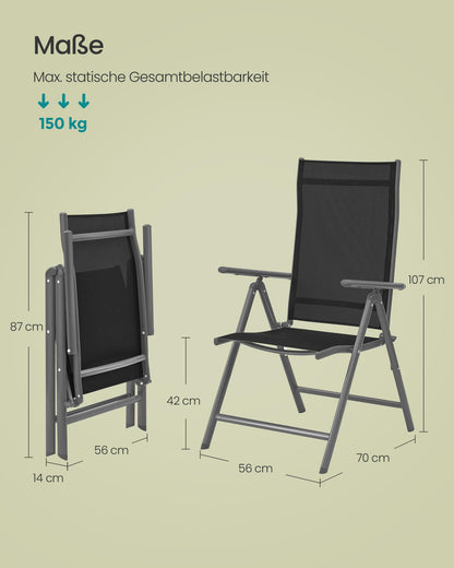 SONGMICS Gartenstuhl, faltbar, 2er-Set, 150 kg belastbar, schwarz