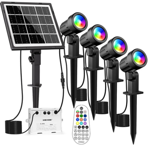 MEIKEE Solarstrahler RGB + Weiss, Gartenleuchte 4 Stück, IP66 – Aussenstrahler mit Solarpanel und Erdspiess