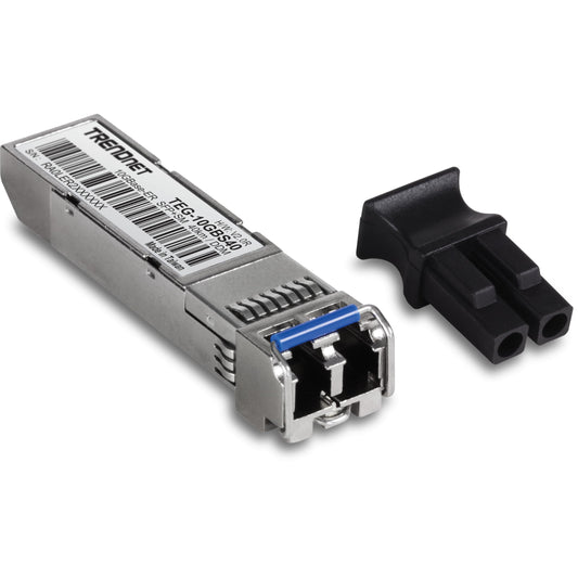 TRENDnet 10G-ER SFP+ Transceiver, kompaktes Metallmodul für 10 Gigabit Ethernet über 40km Singlemode-Faser mit LC-Anschluss.