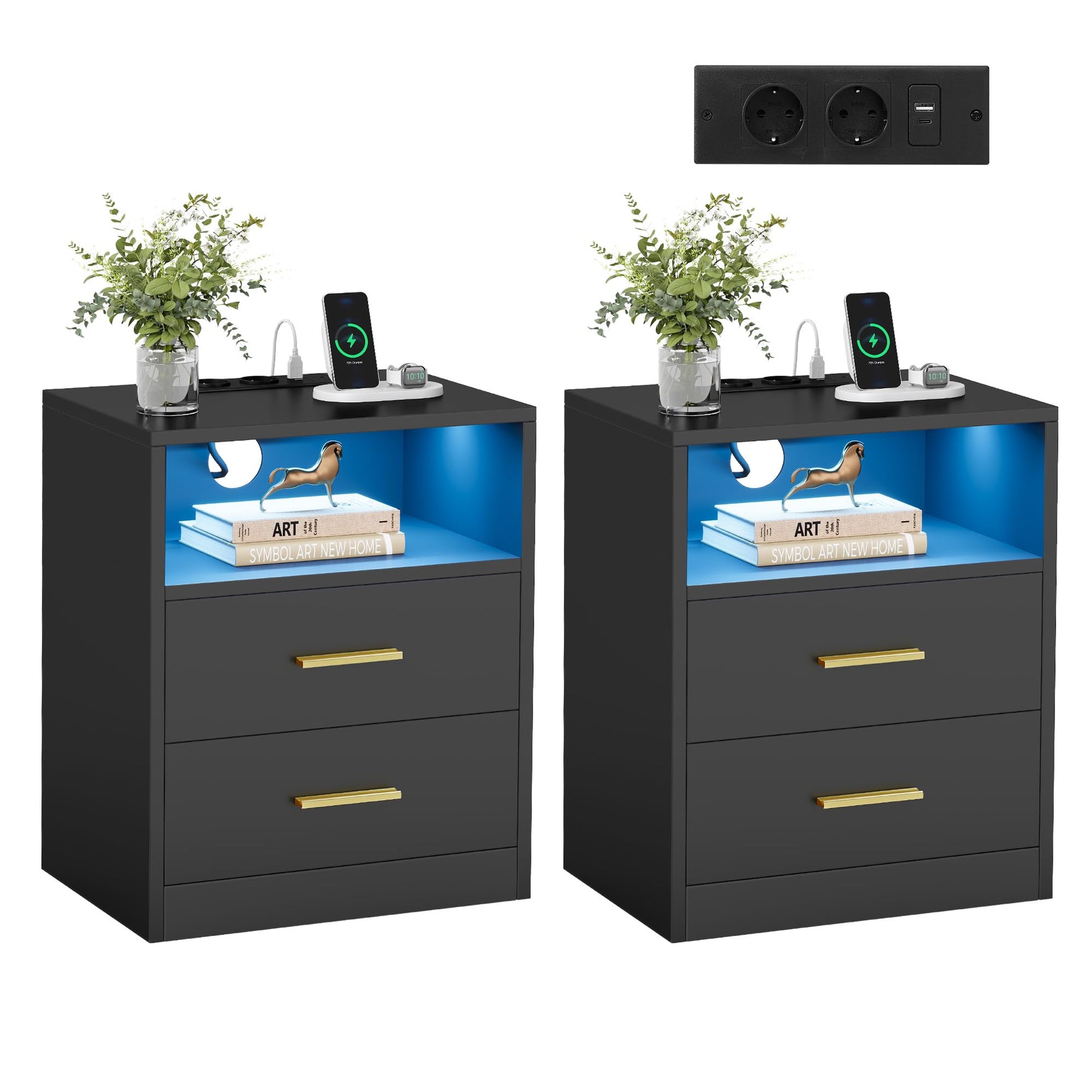 VASAGLE CUSTOS Nachttisch mit Ladestation, 2er Set, tintenschwarz, goldene Griffe, zwei Schubladen