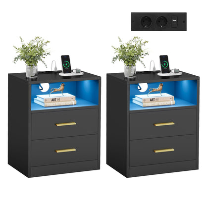 VASAGLE CUSTOS Nachttisch mit Ladestation, 2er Set, tintenschwarz, goldene Griffe, zwei Schubladen