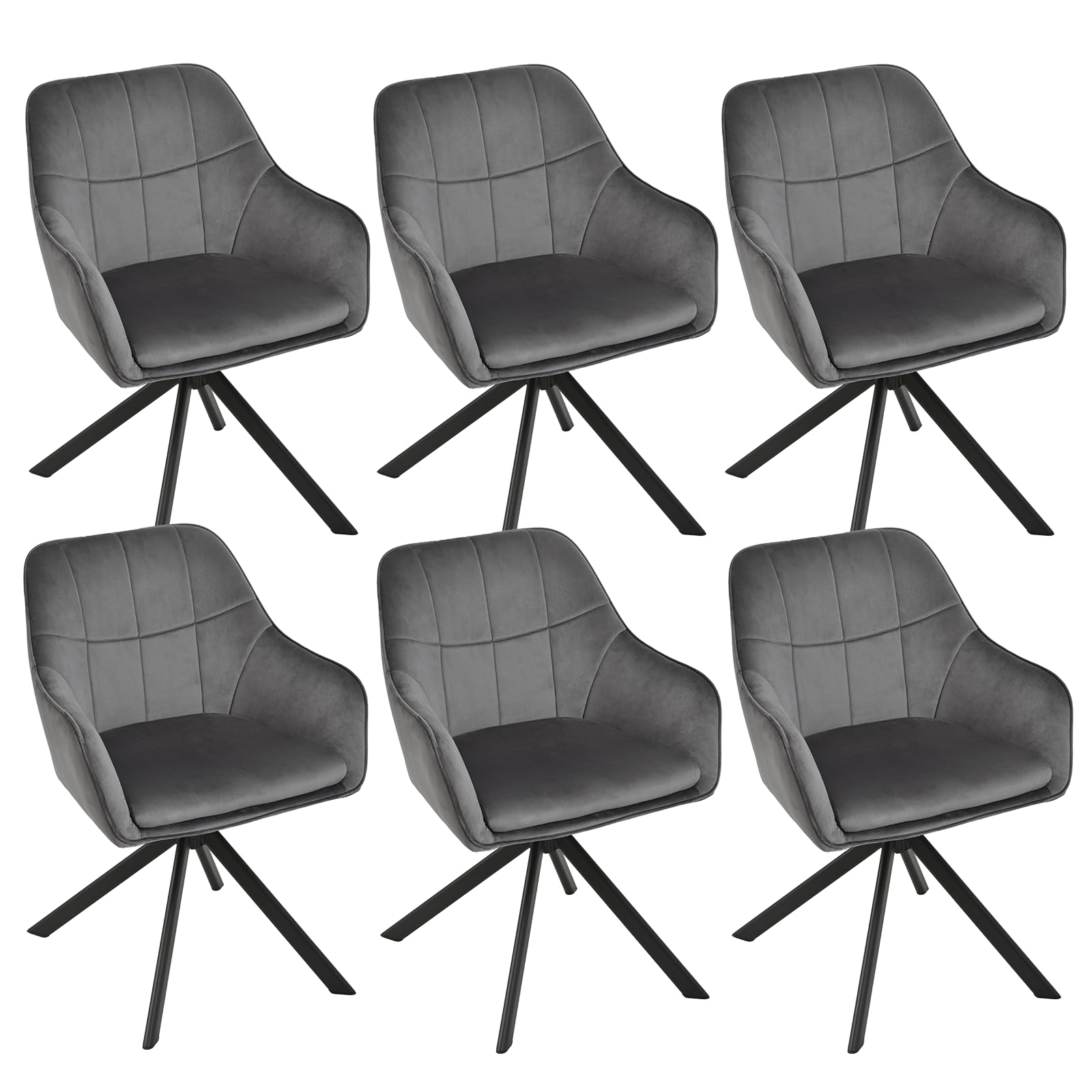Goeurvant Esszimmerstühle 6er Set, drehbar, Samt Grau, Metallbeine, Armlehnenstühle mit Drehfunktion