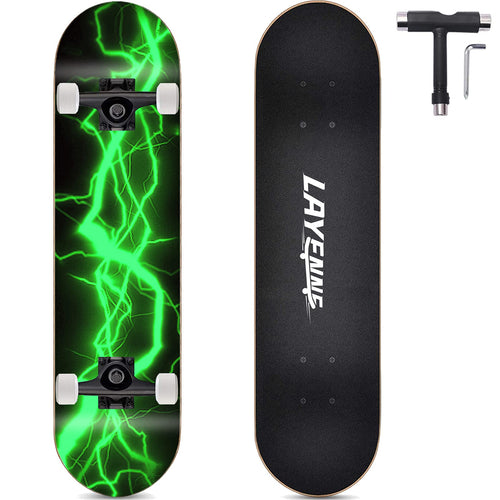 LAYENNE Skateboard Komplettboard 31 x 8 Zoll in Grün mit Blitz-Motiv