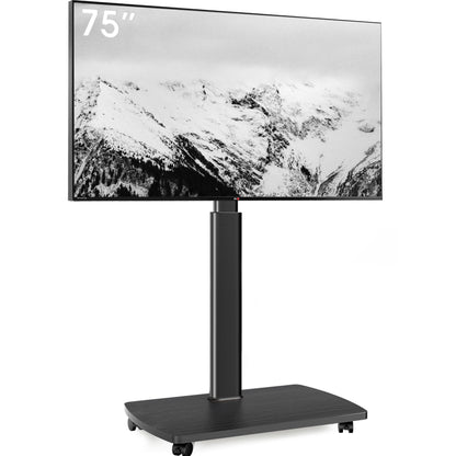 AOKCOS TV Bodenständer Rollbar mit Holzregal für 43-75 Zoll. Schwarzer Metallständer, Rollen, Holzregal für 43-75-Zoll-TV-Aufstellung.