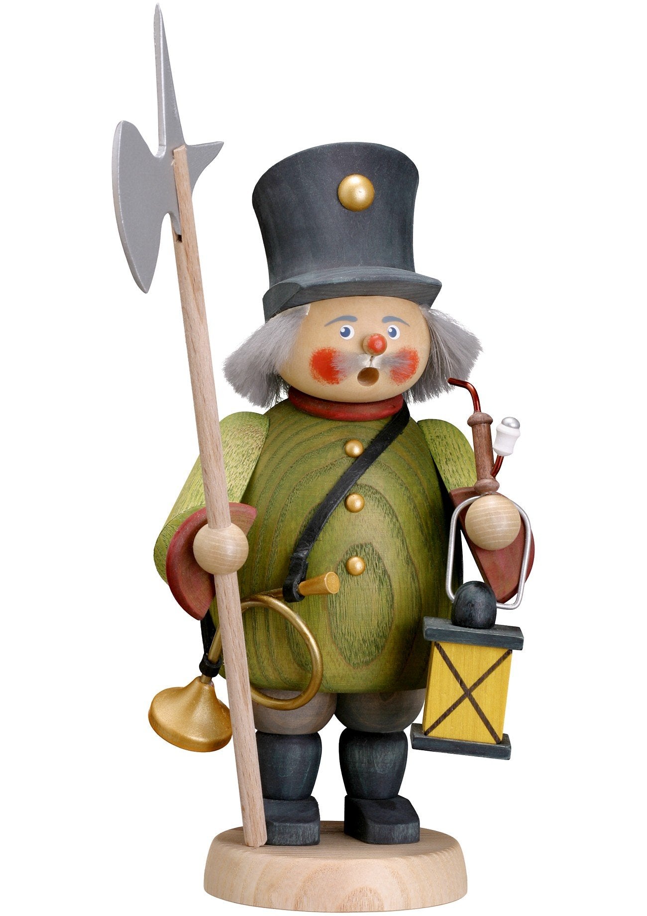 Seiffener Volkskunst Räuchermännchen Nachtwächter 21 cm Erzgebirge, holzgeschnitzt mit dunklem Mantel und Laterne, dient zum Abbrennen von Räucherkerzen, wobei Rauch aus dem Mund entweicht.