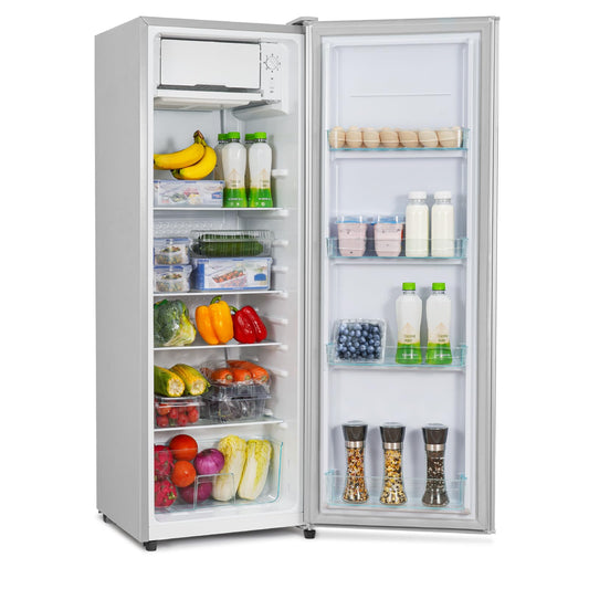 CURECURE Kühlschrank mit Mikro-Gefrierfach 138L - Silber, silberfarbener Standkühlschrank zum Kühlen von Lebensmitteln und kurzem Gefrieren.