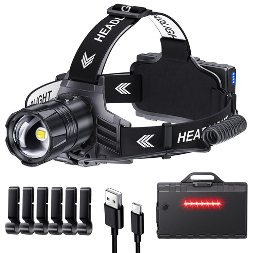 Glarylight LED-Stirnlampe wiederaufladbar, 120000 Lumen, IPX7, zoombar, Aluminiumgehäuse, verstellbares Stirnband