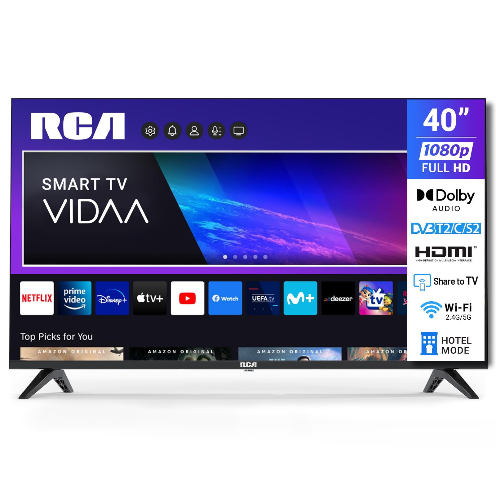RCA VRS40FQ1 Smart TV 40 Zoll FHD mit Triple Tuner. Rechteckiger schwarzer Smart-TV für Full HD und integrierten DVB-C/S2/T2-Empfang.