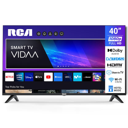 RCA VRS40FQ1 Smart TV 40 Zoll FHD mit Triple Tuner. Rechteckiger schwarzer Smart-TV für Full HD und integrierten DVB-C/S2/T2-Empfang.