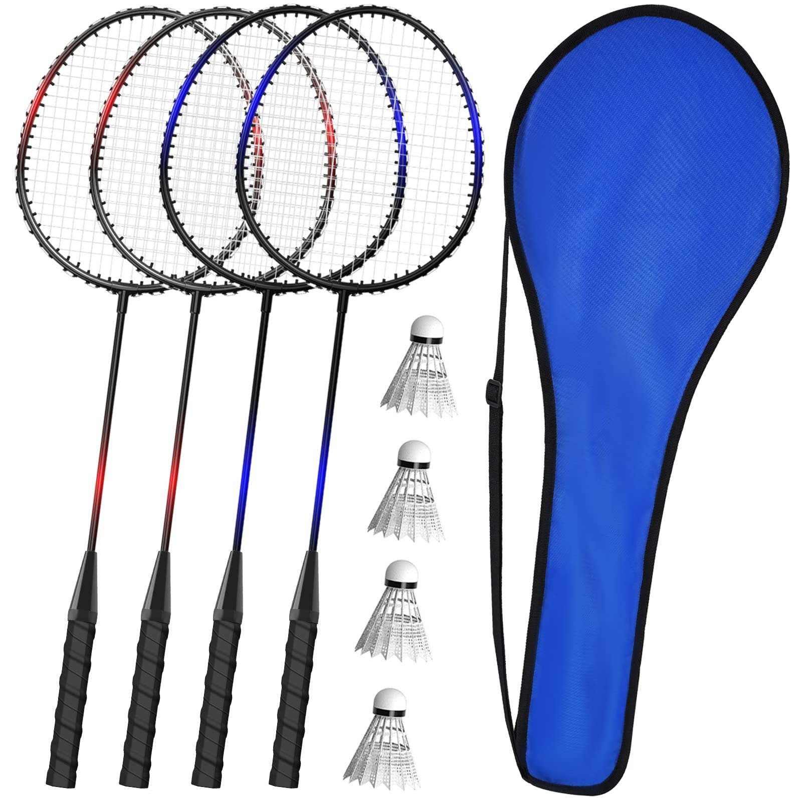 Keehoo Badminton Set mit 4 Schlägern, Federbällen und Tragetasche – Schläger mit Stahlrahmen und PU-Griff