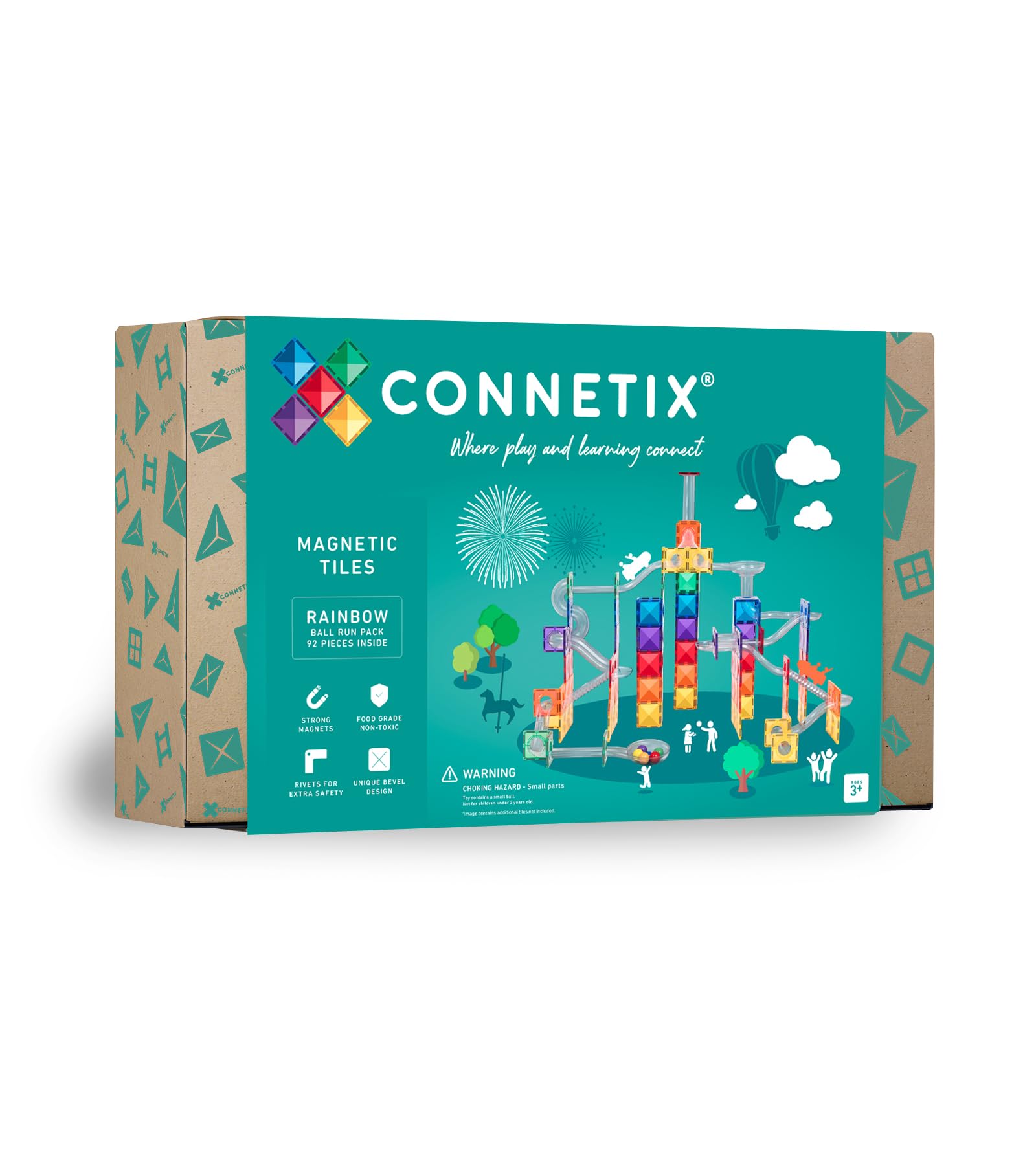 CONNETIX Regenbogen Ball Run Set – Magnetische Fliesen 92 Teile. Buntes Set aus magnetischen Bausteinen zur Konstruktion einer Kugelbahn.