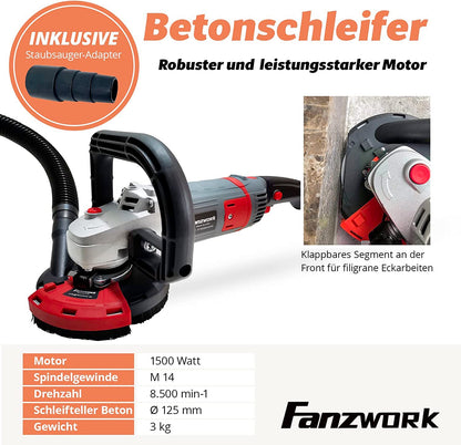 FANZWORK Betonschleifer Sanierungsfräse Set - 1500W 125mm