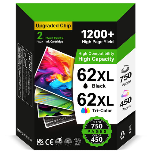INKYEAH 62XL Druckerpatronen, kompatibel mit HP 62, Schwarz/Farbe: Multipack mit zwei Tintenpatronen