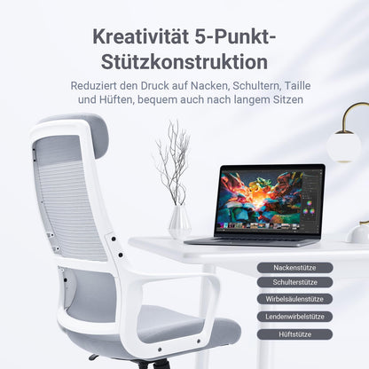 MELOKEA Ergonomischer Bürostuhl 200kg, Mesh, Kopfstütze - Grau