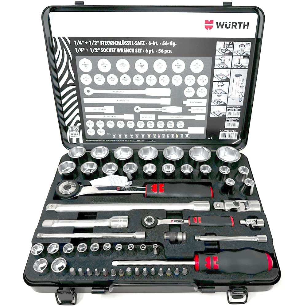 Würth Zebra Steckschlüssel-Sortiment 1/4 1/2 Zoll 6-kant 56tlg Metall. Metall-Set zum Anziehen/Lösen von 6-kant Schrauben.