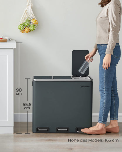 SONGMICS LTB54GS Mülleimer Küche, 3 x 18 L Treteimer, grüngrau