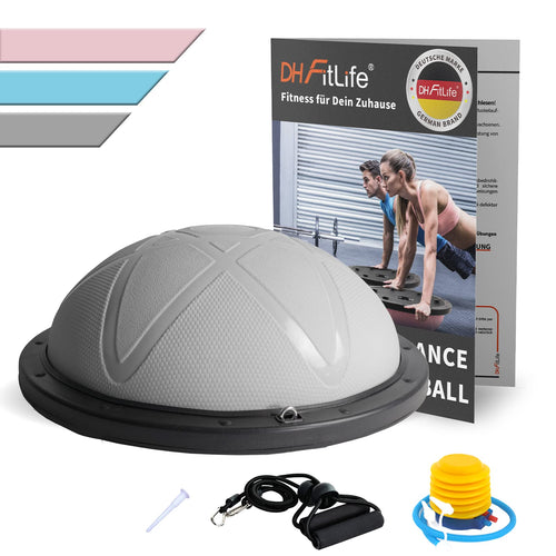 DH FitLife Balance Ball Fitness Gleichgewichtstrainer – Grau 60cm. Grauer halbrunder Ball zur Verbesserung von Gleichgewicht, Koordination und Stabilität im Fitness-Training.