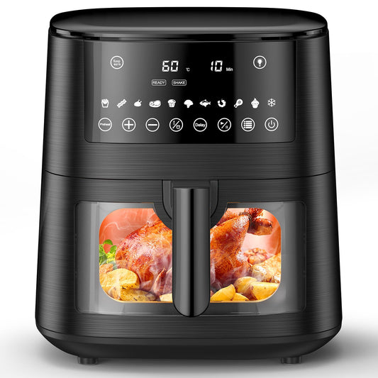 KitchenPro Airfryer XXL Heissluftfritteuse 7.2L – Sichtfenster. Schwarzes, rechteckiges Gerät zum vielseitigen Garen mit Heissluft.