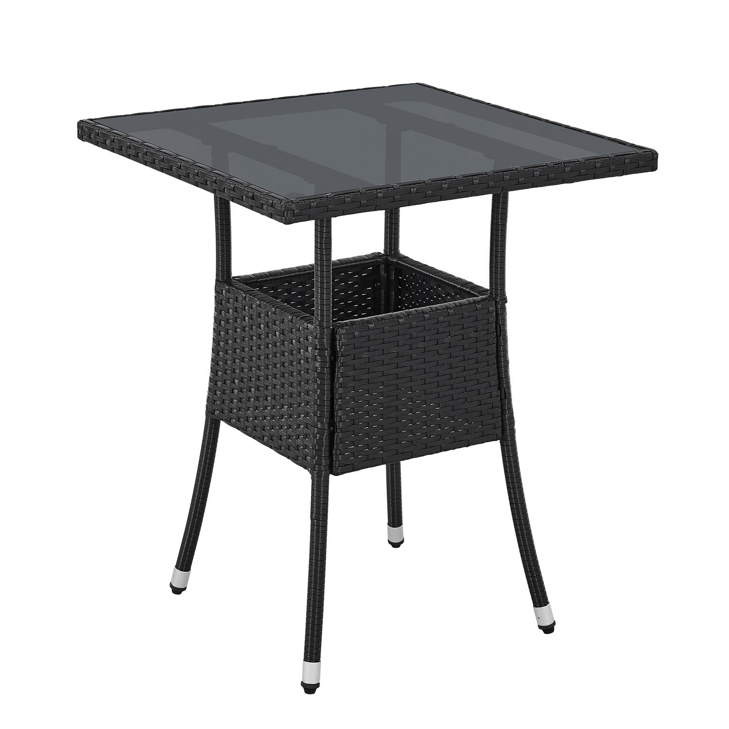 Juskys Gartentisch Yoro Polyrattan mit Glasplatte 60x60 cm schwarz, eckige Form, Stahlgestell