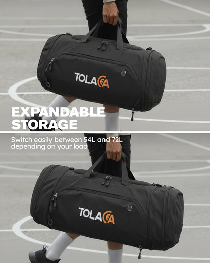 Tolaccea Sporttasche 56-70L erweiterbar mit Schuhfach, schwarz