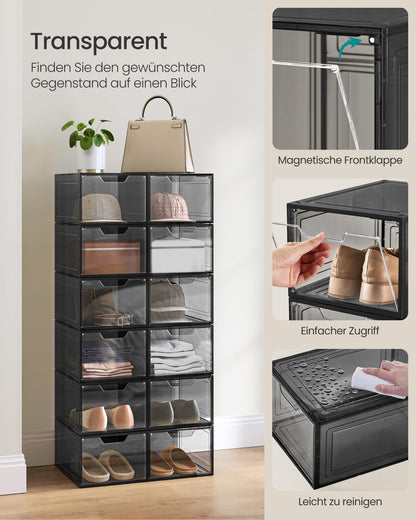 SONGMICS LSP412B01 Schuhboxen Kunststoff – 12er Set Transparentes Schwarz