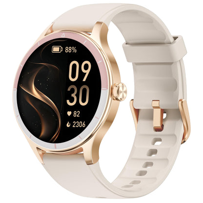 TOOBUR Smartwatch Damen DR06, 40 mm, Telefonfunktion, IP68, Beige, rundes Gehäuse, Silikonarmband