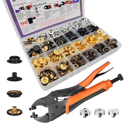 SUNAROC Druckknöpfe Metall 15 mm, 100 Sets mit Werkzeug, Messing in vier Farben, sortiert in Kunststoffbox