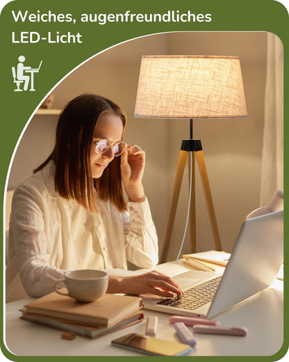 EDISHINE Stehlampe Dimmbar - Boho Holzstativ Leinen & Fernbedienung