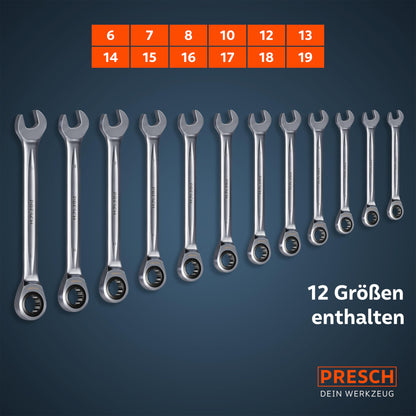 PRESCH Ratschenschlüssel Set 12tlg. 6-19mm - 90 Zähne mit Tasche