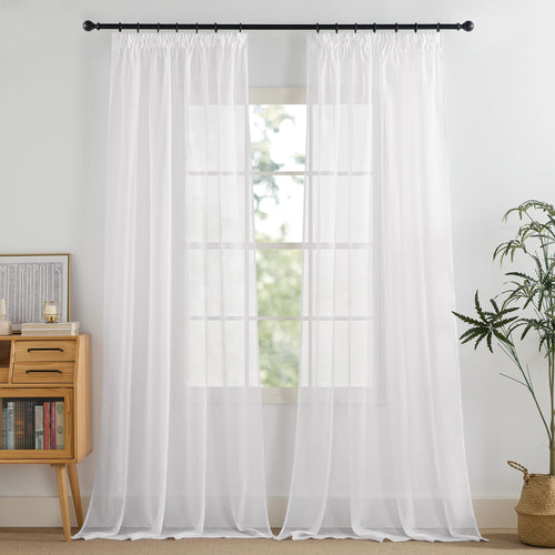 PONY DANCE Vorhang transparent mit Kräuselband, 2er Set, 350 cm, weiss – Voile in Leinenoptik