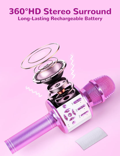 BONAOK Karaoke Mikrofon Kinder Bluetooth kabellos 4 in 1 Light Lila