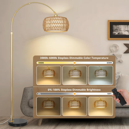 Rayofly Gold Bogenlampe Stehleuchte – Rattan, Dimmbar, App